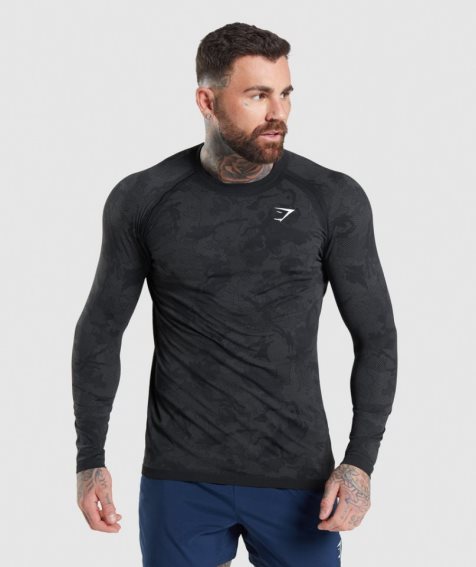 Koszulki Gymshark Geo Seamless Long Sleeve Męskie Czarne | PL 137HUT